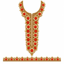 Red Floral & Gold-Tone Leaf DTF Heat Transfer Sticker Set with Neckline and Matching Border for Kurti & Suit