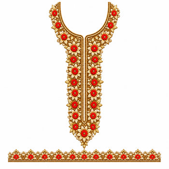 Red Floral & Gold-Tone Leaf DTF Heat Transfer Sticker Set with Neckline and Matching Border for Kurti & Suit