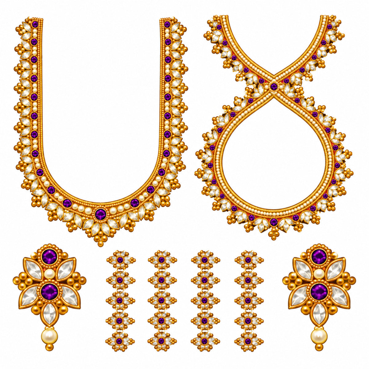 Purple & Gold-Tone Jewellery Print DTF Blouse Sticker Set with Front Neck, Back Design and Sleeve Motifs
