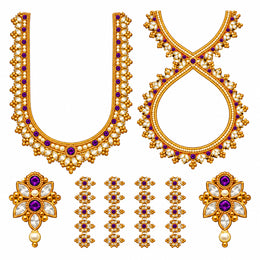 Purple & Gold-Tone Jewellery Print DTF Blouse Sticker Set with Front Neck, Back Design and Sleeve Motifs
