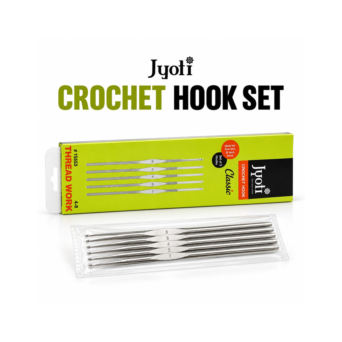 Jyoti Crochet Hook Set | 5 Piece Steel Crochet Needles | Sizes 4, 5, 6, 7, 8 | Knitting & Crochet Tool Set