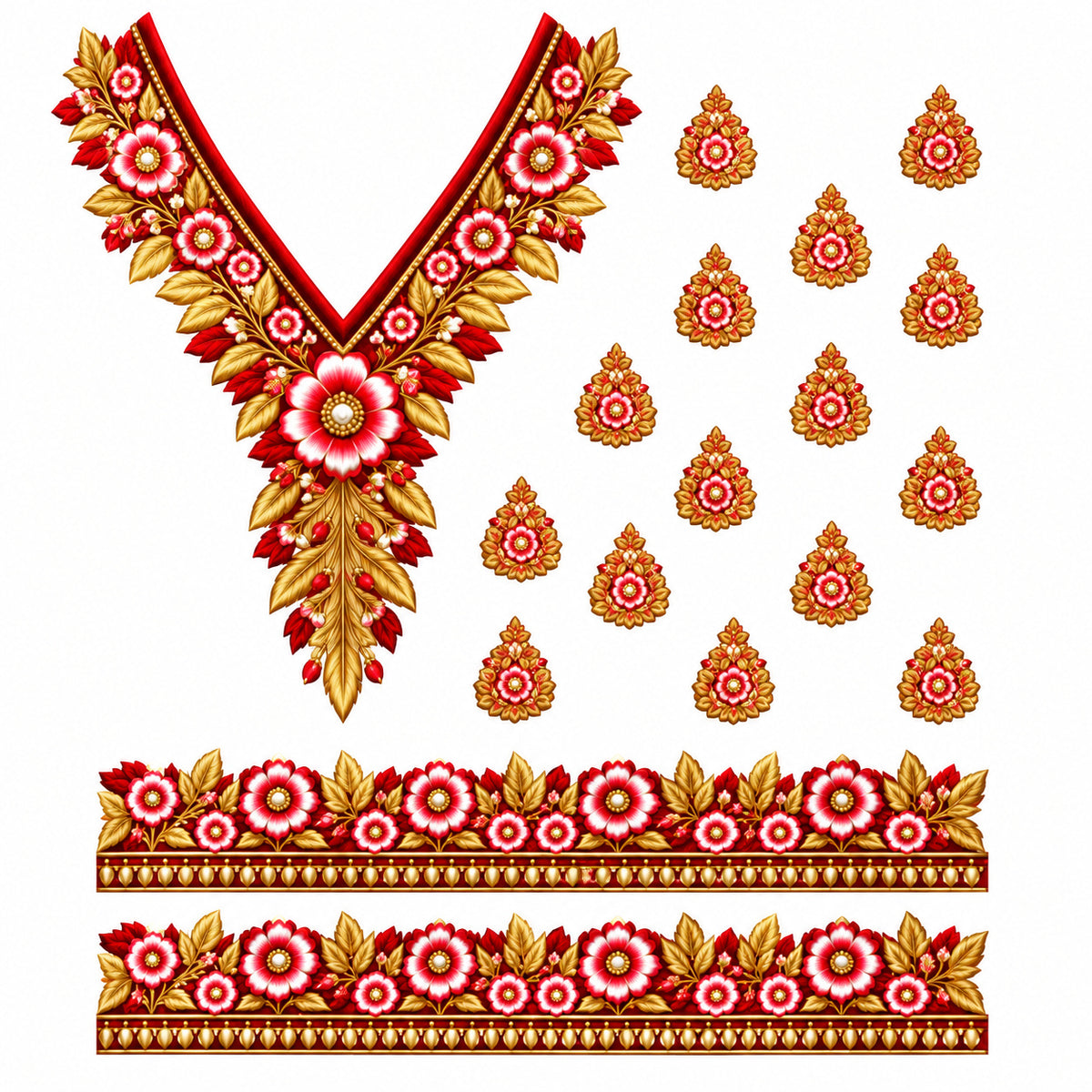 Red White & Gold Floral DTF Heat Transfer Sticker Set with V-Neckline, Borders & Motifs for Suit & Blouse