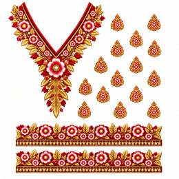 Red White & Gold Floral DTF Heat Transfer Sticker Set with V-Neckline, Borders & Motifs for Suit & Blouse
