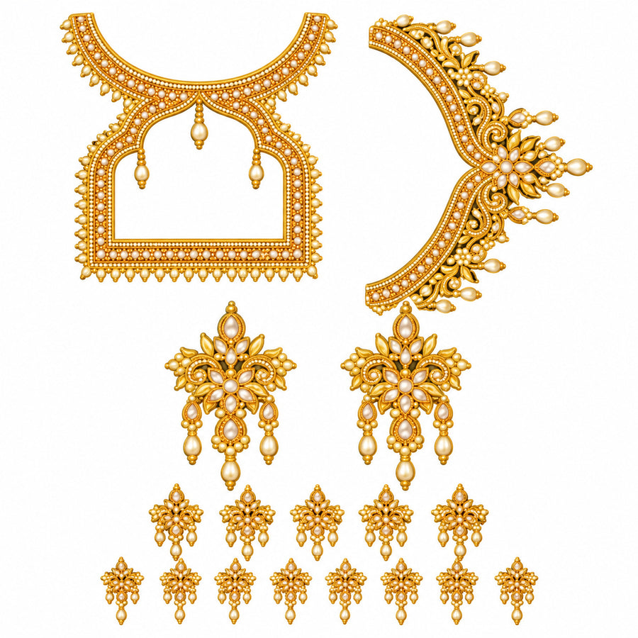 Gold-Tone & Ivory Pearl Effect DTF Blouse Sticker Set with Neckline, Back Frame and Decorative Motifs