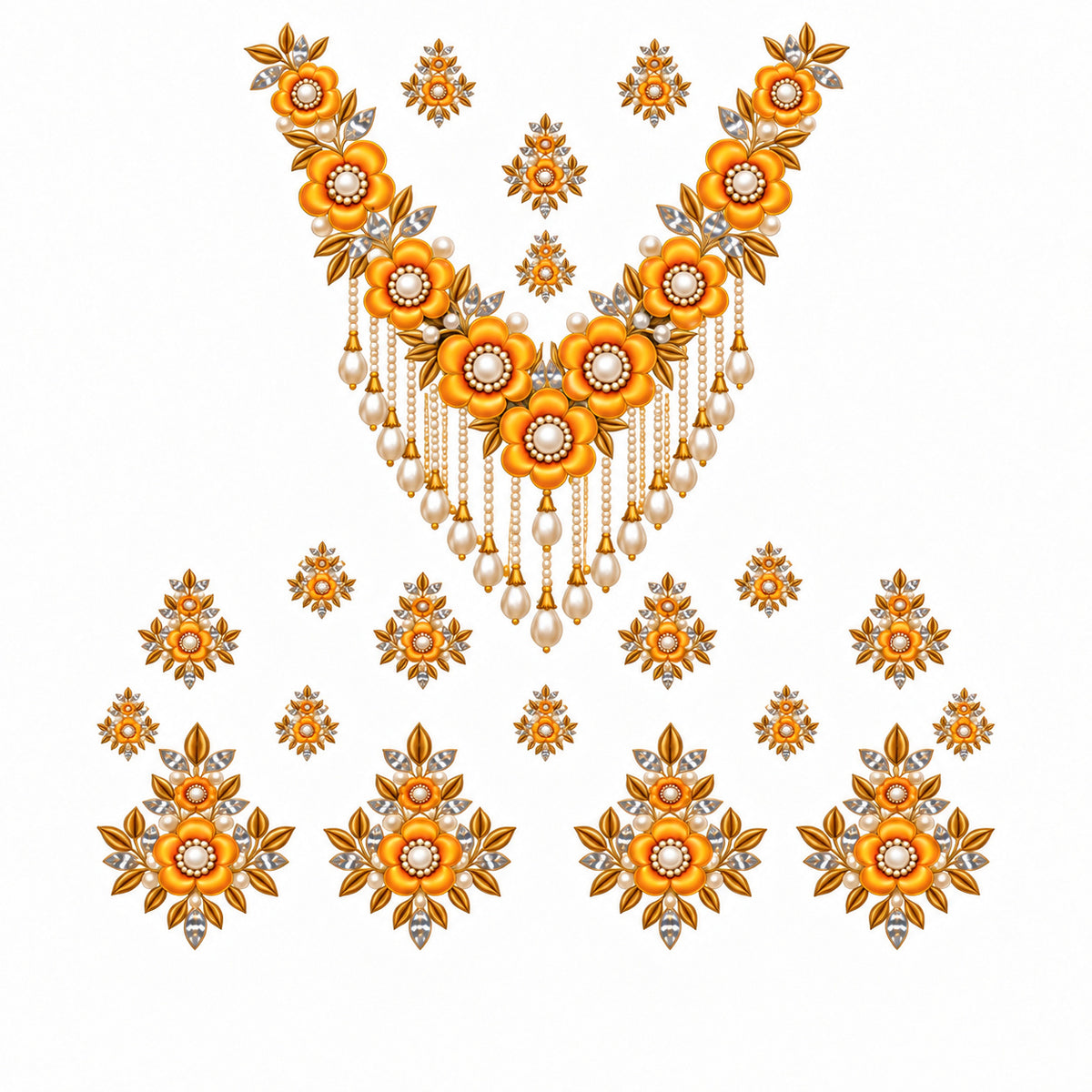Orange Gold & Ivory Floral Necklace Style DTF Heat Transfer Sticker Set for Suit & Blouse