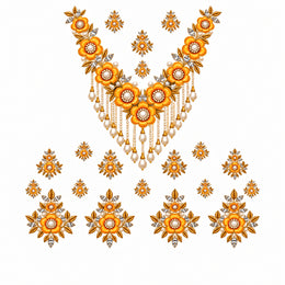 Orange Gold & Ivory Floral Necklace Style DTF Heat Transfer Sticker Set for Suit & Blouse