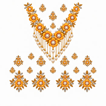 Orange Gold & Ivory Floral Necklace Style DTF Heat Transfer Sticker Set for Suit & Blouse