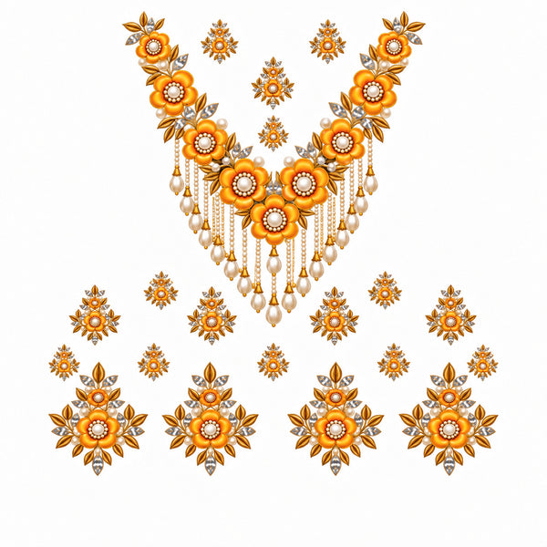 Orange Gold & Ivory Floral Necklace Style DTF Heat Transfer Sticker Set for Suit & Blouse