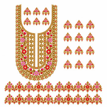 Pink & Red Floral DTF Heat Transfer Sticker Set with Gold-Tone Neckline, Matching Borders and Small Motifs for Suit & Blouse