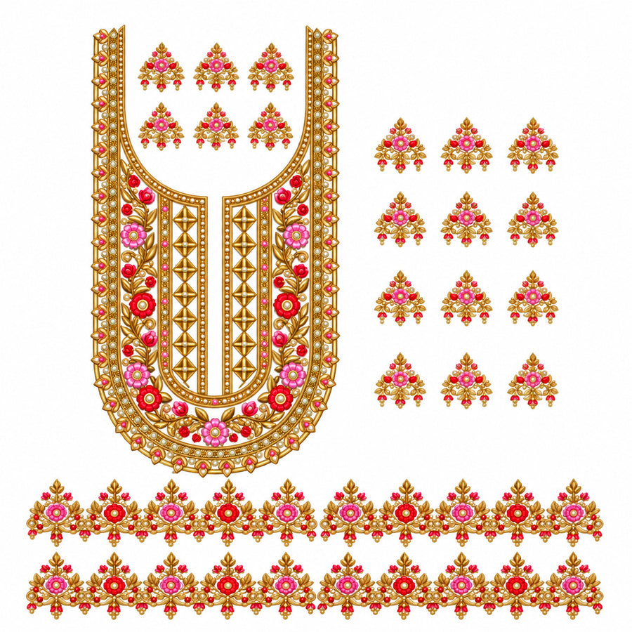Pink & Red Floral DTF Heat Transfer Sticker Set with Gold-Tone Neckline, Matching Borders and Small Motifs for Suit & Blouse