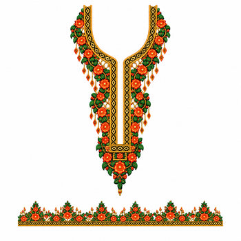 Orange Floral DTF Heat Transfer Sticker Set with Green & Gold-Tone Neckline and Border Design for Kurti & Suit