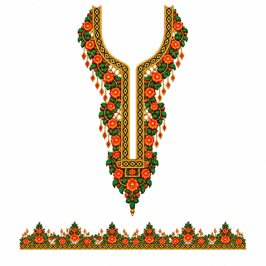 Orange Floral DTF Heat Transfer Sticker Set with Green & Gold-Tone Neckline and Border Design for Kurti & Suit