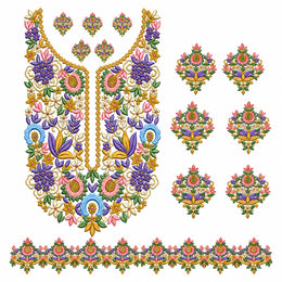 Multicolour Floral DTF Heat Transfer Sticker Set with Purple & Pink Neckline, Matching Motifs and Border for Suit & Blouse
