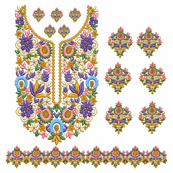 Multicolour Floral DTF Heat Transfer Sticker Set with Purple & Pink Neckline, Matching Motifs and Border for Suit & Blouse