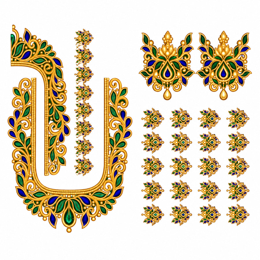 Green & Blue Gold-Tone DTF Blouse Sticker Set with Floral U-Neckline and Decorative Sleeve Motifs