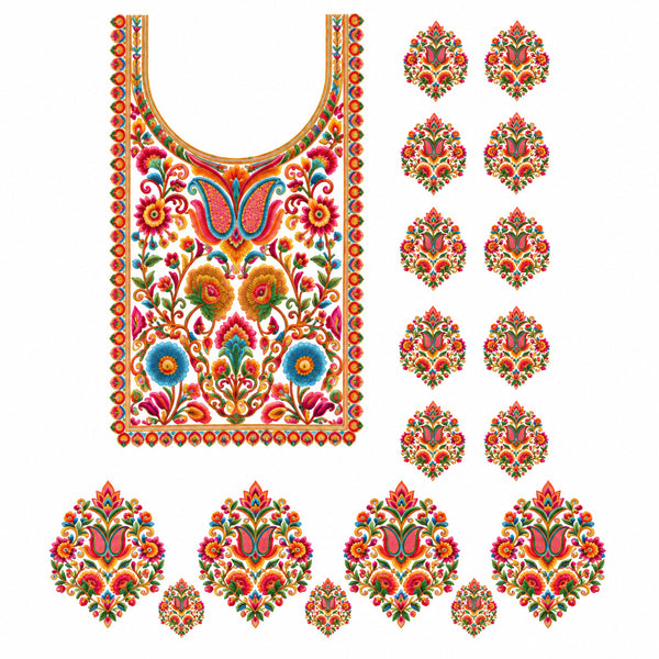Multicolour Floral Paisley DTF Heat Transfer Sticker Set with Neck Panel and Matching Motifs for Suit & Blouse