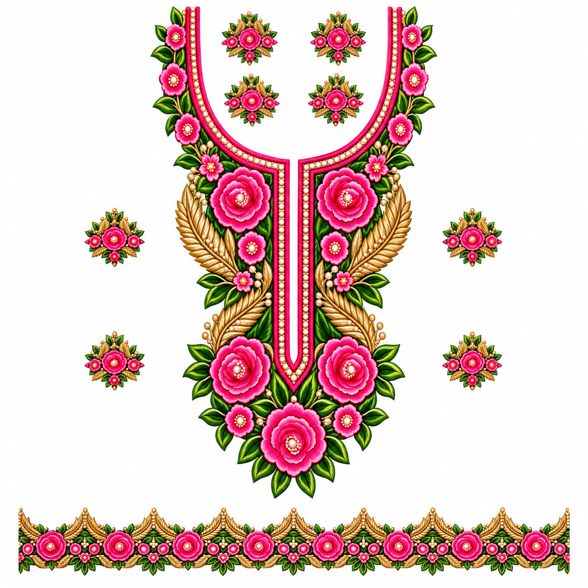 Rani Pink Green & Gold Rose DTF Heat Transfer Sticker Set with Neckline, Border & Motifs for Suit & Blouse