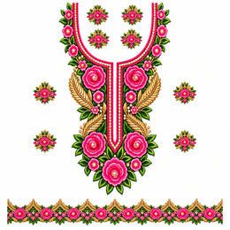 Rani Pink Green & Gold Rose DTF Heat Transfer Sticker Set with Neckline, Border & Motifs for Suit & Blouse