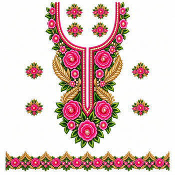 Rani Pink Green & Gold Rose DTF Heat Transfer Sticker Set with Neckline, Border & Motifs for Suit & Blouse