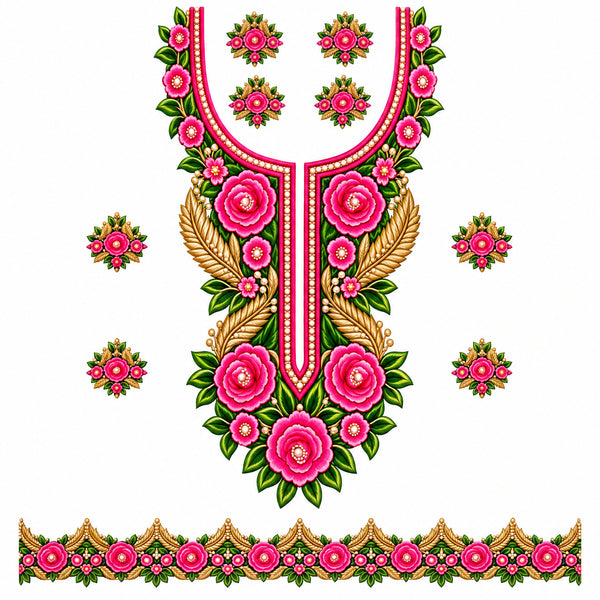 Rani Pink Green & Gold Rose DTF Heat Transfer Sticker Set with Neckline, Border & Motifs for Suit & Blouse