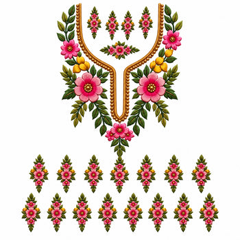 Pink Yellow & Green Floral DTF Heat Transfer Sticker Set with Decorative Neckline for Suit & Blouse