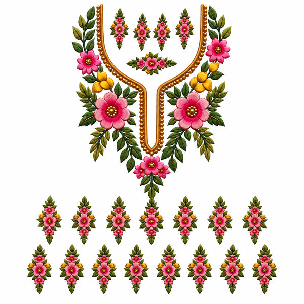 Pink Yellow & Green Floral DTF Heat Transfer Sticker Set with Decorative Neckline for Suit & Blouse