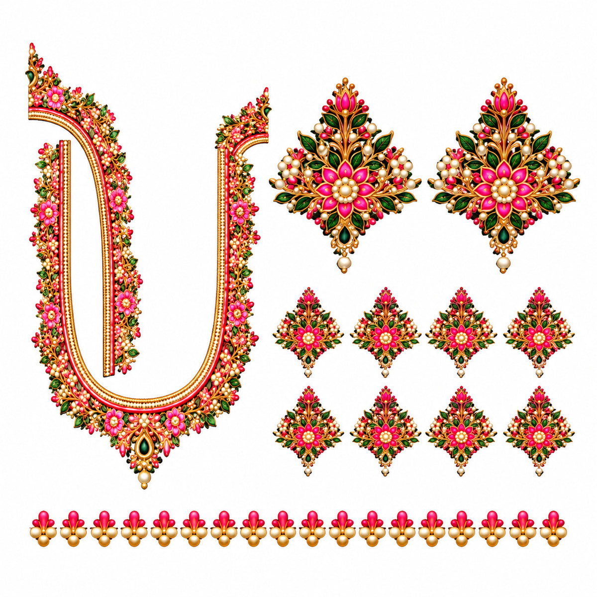 Pink & Green Floral DTF Blouse Sticker Set with Gold-Tone Neckline, Sleeve Motifs and Decorative Border