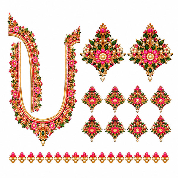Pink & Green Floral DTF Blouse Sticker Set with Gold-Tone Neckline, Sleeve Motifs and Decorative Border