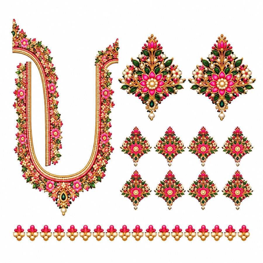 Pink & Green Floral DTF Blouse Sticker Set with Gold-Tone Neckline, Sleeve Motifs and Decorative Border