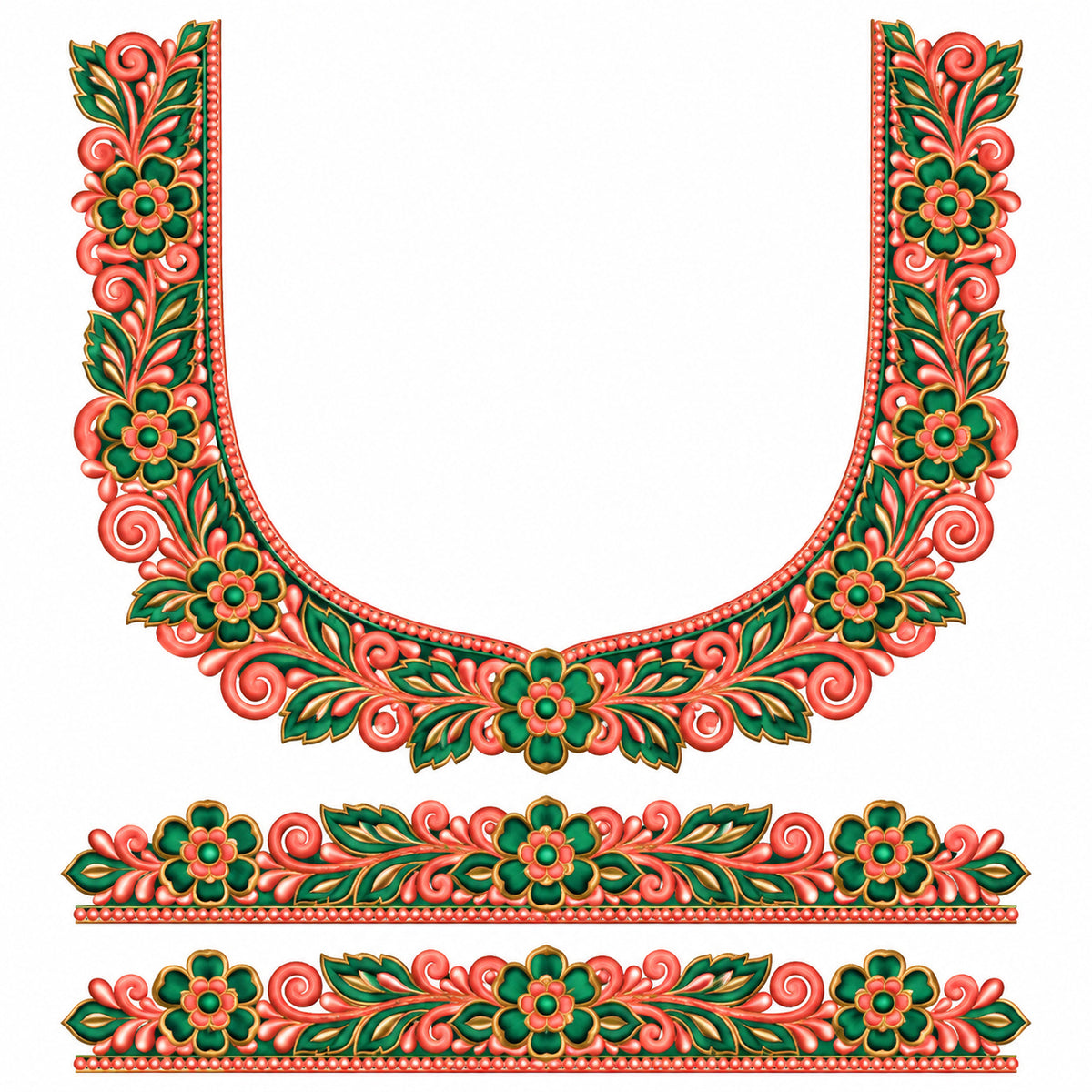Coral Pink & Green Floral DTF Heat Transfer Sticker Set with U-Neck and Sleeve Borders for Blouse