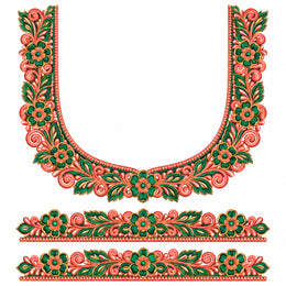 Coral Pink & Green Floral DTF Heat Transfer Sticker Set with U-Neck and Sleeve Borders for Blouse