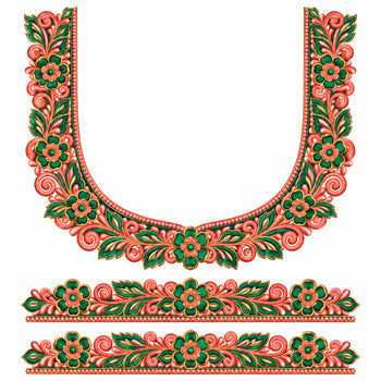 Coral Pink & Green Floral DTF Heat Transfer Sticker Set with U-Neck and Sleeve Borders for Blouse