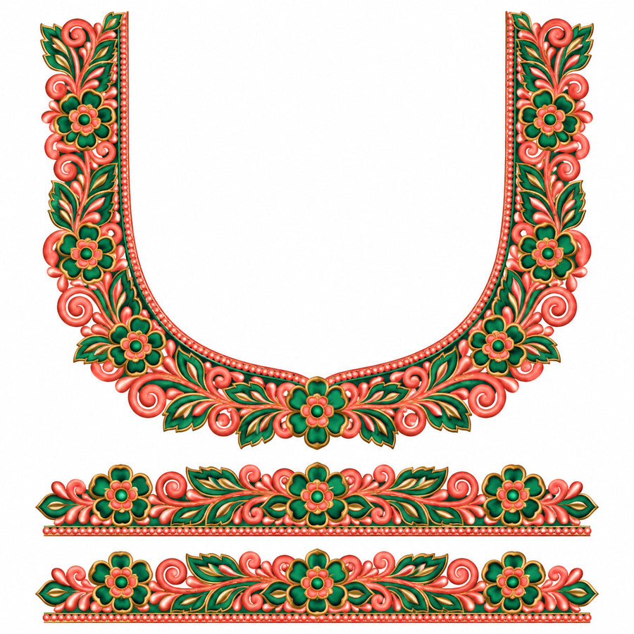 Coral Pink & Green Floral DTF Heat Transfer Sticker Set with U-Neck and Sleeve Borders for Blouse