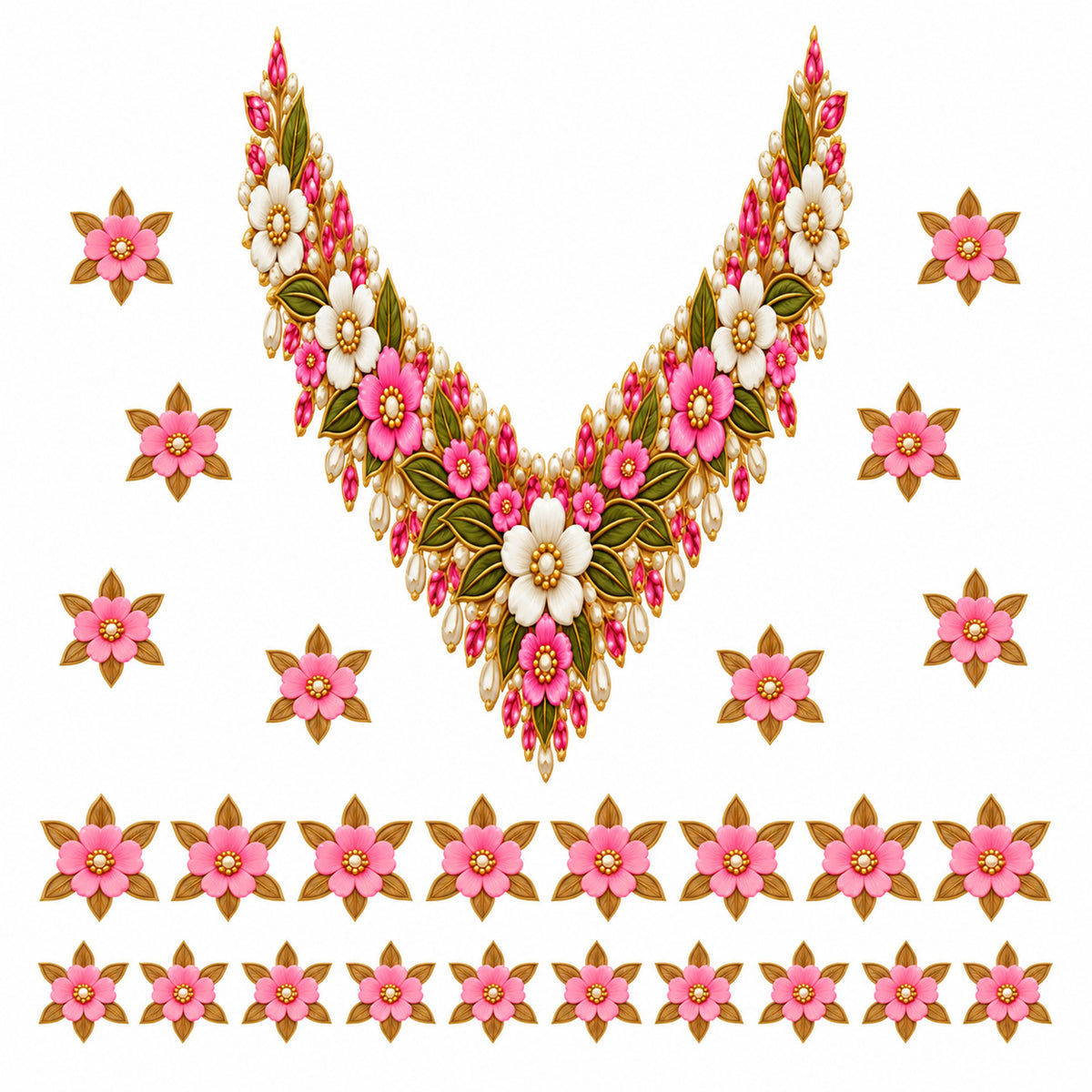 Pink Ivory & Gold Floral DTF Heat Transfer Sticker Set with V-Neck Design for Suit & Blouse