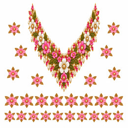 Pink Ivory & Gold Floral DTF Heat Transfer Sticker Set with V-Neck Design for Suit & Blouse