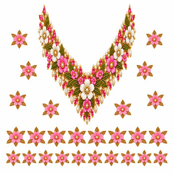 Pink Ivory & Gold Floral DTF Heat Transfer Sticker Set with V-Neck Design for Suit & Blouse