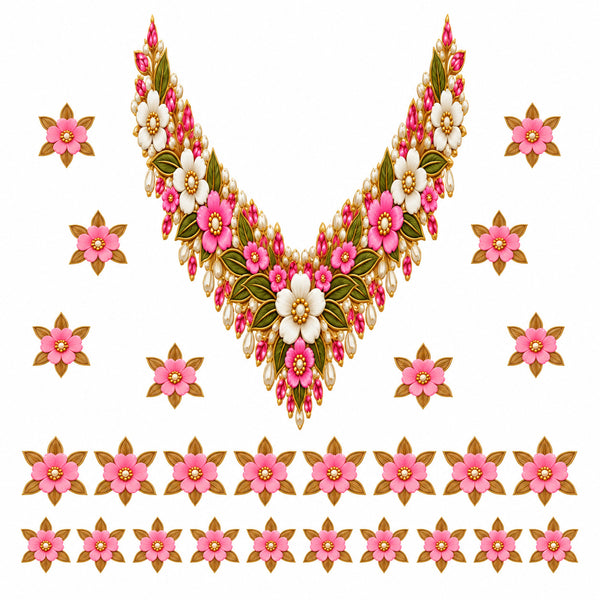 Pink Ivory & Gold Floral DTF Heat Transfer Sticker Set with V-Neck Design for Suit & Blouse