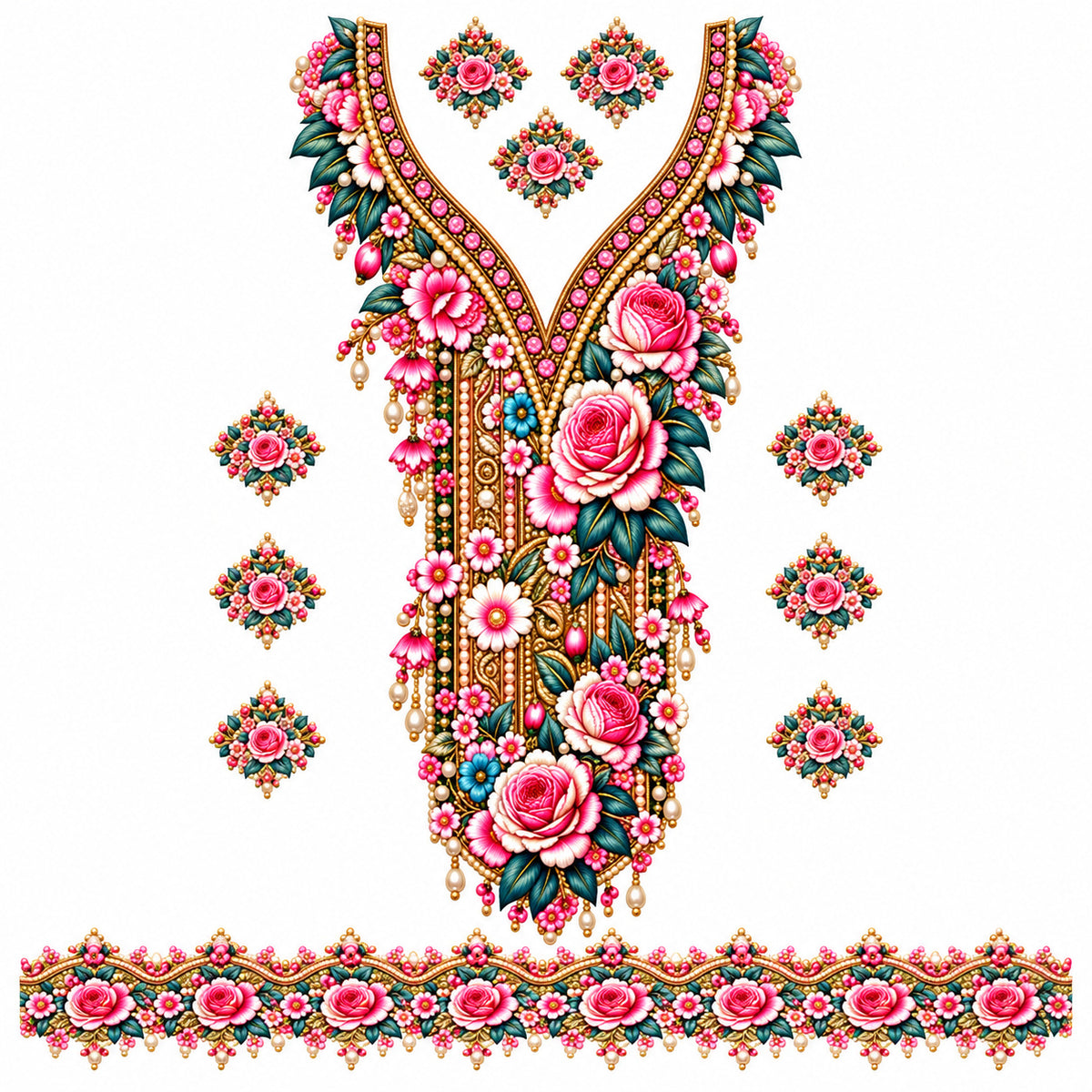 Pink Rose Teal & Gold DTF Heat Transfer Sticker Set with Long Neckline, Border & Motifs for Suit & Blouse