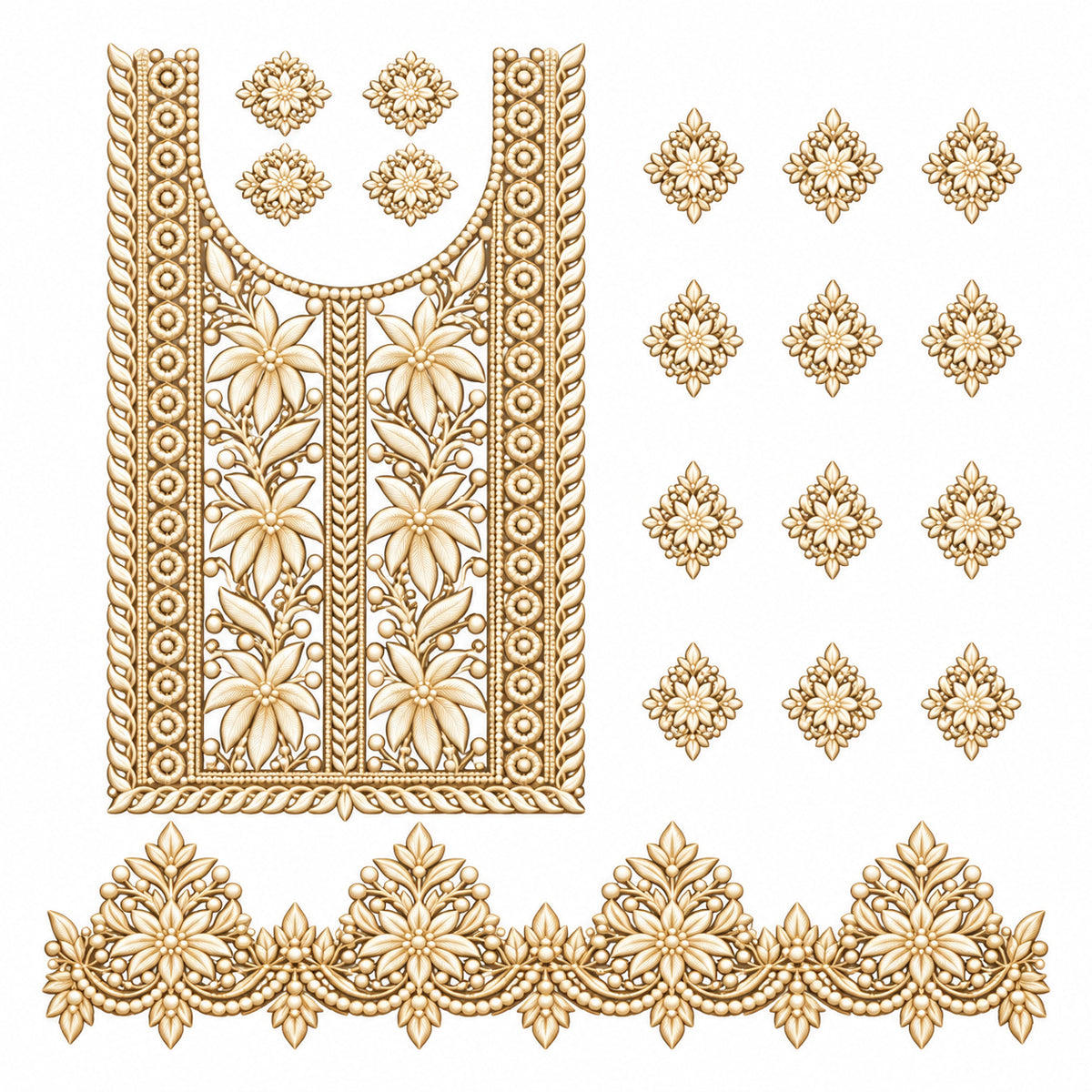 Ivory & Gold Floral DTF Heat Transfer Sticker Set with U-Neck Panel, Border & Motifs for Suit & Blouse
