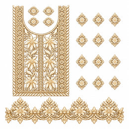 Ivory & Gold Floral DTF Heat Transfer Sticker Set with U-Neck Panel, Border & Motifs for Suit & Blouse