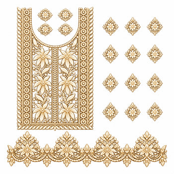 Ivory & Gold Floral DTF Heat Transfer Sticker Set with U-Neck Panel, Border & Motifs for Suit & Blouse