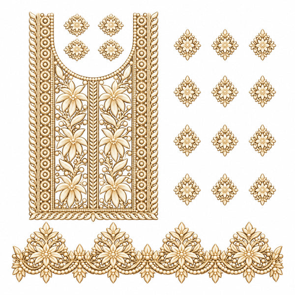 Ivory & Gold Floral DTF Heat Transfer Sticker Set with U-Neck Panel, Border & Motifs for Suit & Blouse