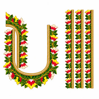 Multicolour Floral DTF Heat Transfer Sticker Set with U-Neckline and Matching Borders for Blouse