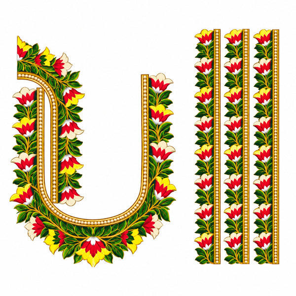 Multicolour Floral DTF Heat Transfer Sticker Set with U-Neckline and Matching Borders for Blouse