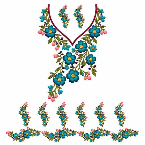 Teal Blue & Pink Floral DTF Heat Transfer Sticker Set with V-Neck Design for Suit & Blouse