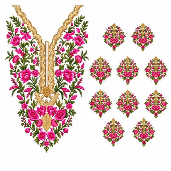Pink Rose & Green Floral DTF Heat Transfer Sticker Set with Gold-Tone V-Neck Design and Matching Motifs