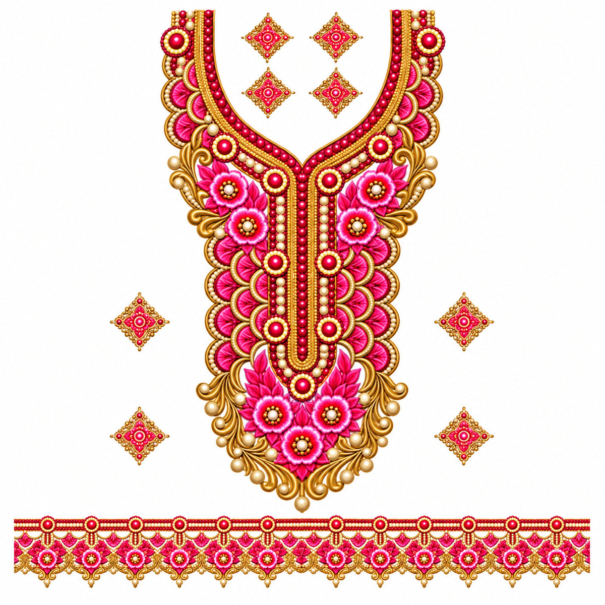 Rani Pink & Gold-Tone Floral DTF Heat Transfer Sticker Set with Neckline, Border and Diamond Motifs for Suit & Blouse