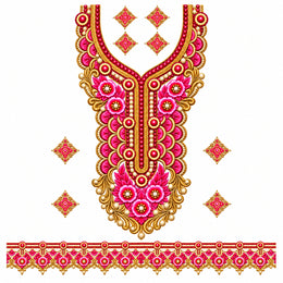 Rani Pink & Gold-Tone Floral DTF Heat Transfer Sticker Set with Neckline, Border and Diamond Motifs for Suit & Blouse