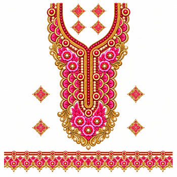 Rani Pink & Gold-Tone Floral DTF Heat Transfer Sticker Set with Neckline, Border and Diamond Motifs for Suit & Blouse