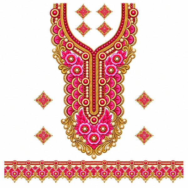 Rani Pink & Gold-Tone Floral DTF Heat Transfer Sticker Set with Neckline, Border and Diamond Motifs for Suit & Blouse